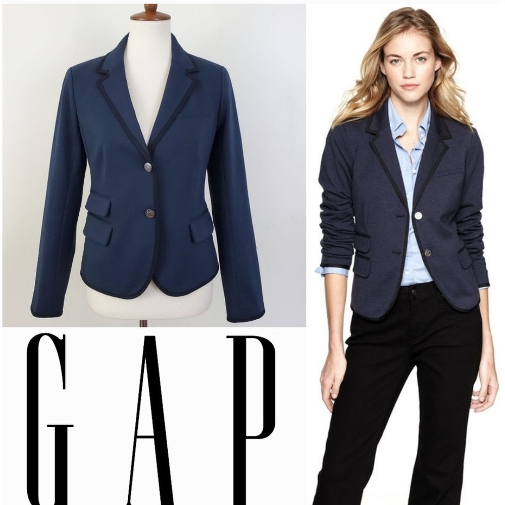 Gap Academy Blazer Womens 2 Navy Contrast Trim Crest Buttons Pockets Stretch
